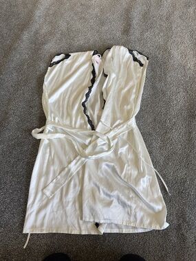 Victoria's Secret White Satin Robe with Black Lace Trim